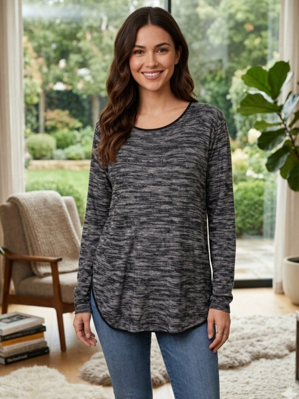 Eileen Fisher Organic Linen Cotton Gray Melange Long Sleeve Tunic Sweater